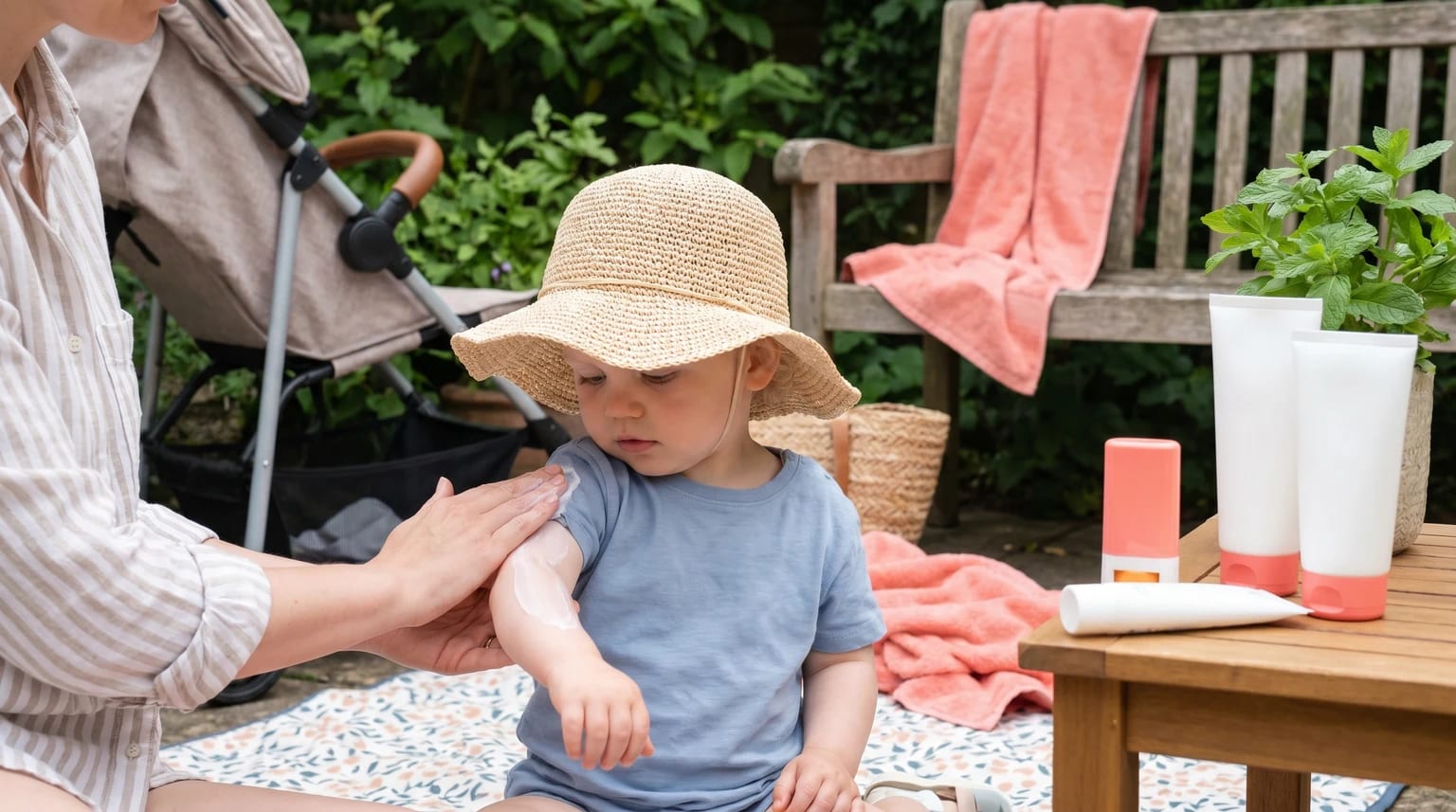 A parent gently applies sun cream to a toddler's arm. The child wears a straw sun hat while sitting on a mat in a garden.