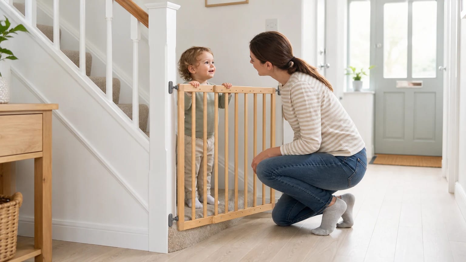 A toddler stands safely behind a closed wooden stair gate while a parent crouches nearby in a bright hallway.