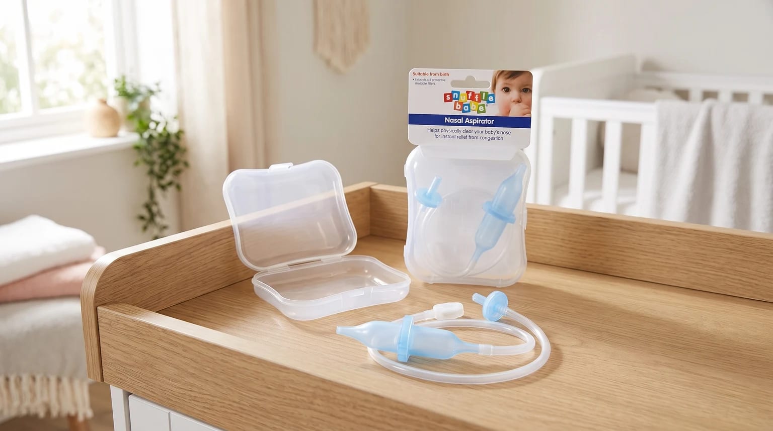 A Snufflebabe baby nasal aspirator laid out on a wooden changing table with its open travel case and original packaging.