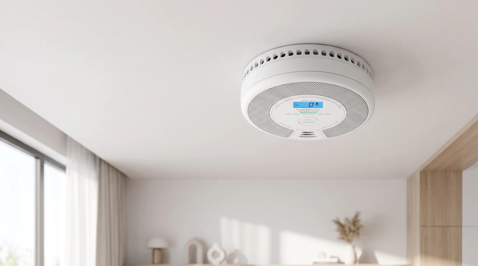 A white, circular smoke and carbon monoxide alarm with a digital display fitted to the ceiling of a bright, modern room.