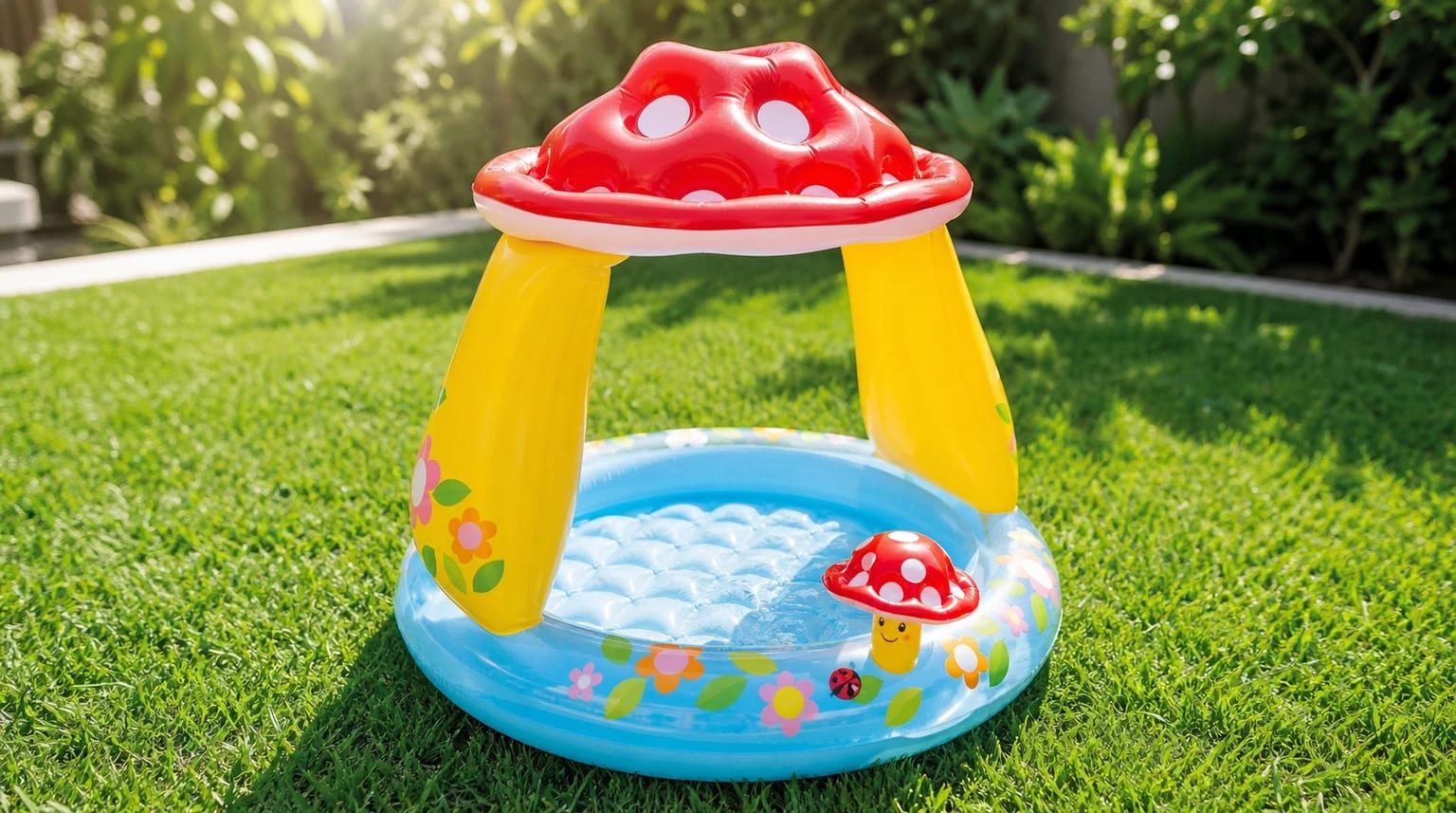A colourful mushroom-themed baby paddling pool with a red spotted sun canopy, set up empty with clear water on a sunny garden lawn.