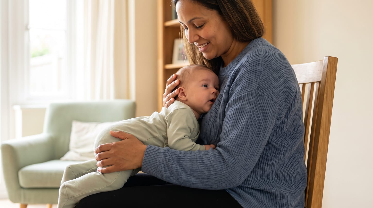 A parent or carer sits upright and securely supports an alert baby lying tummy-down against their chest.
