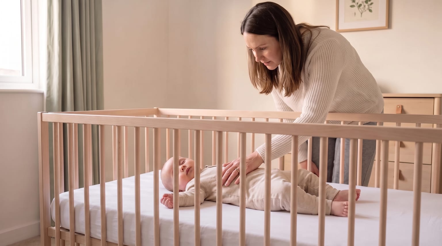 A woman gently places her hand on her baby, who is lying peacefully on their back in a light-wood cot.