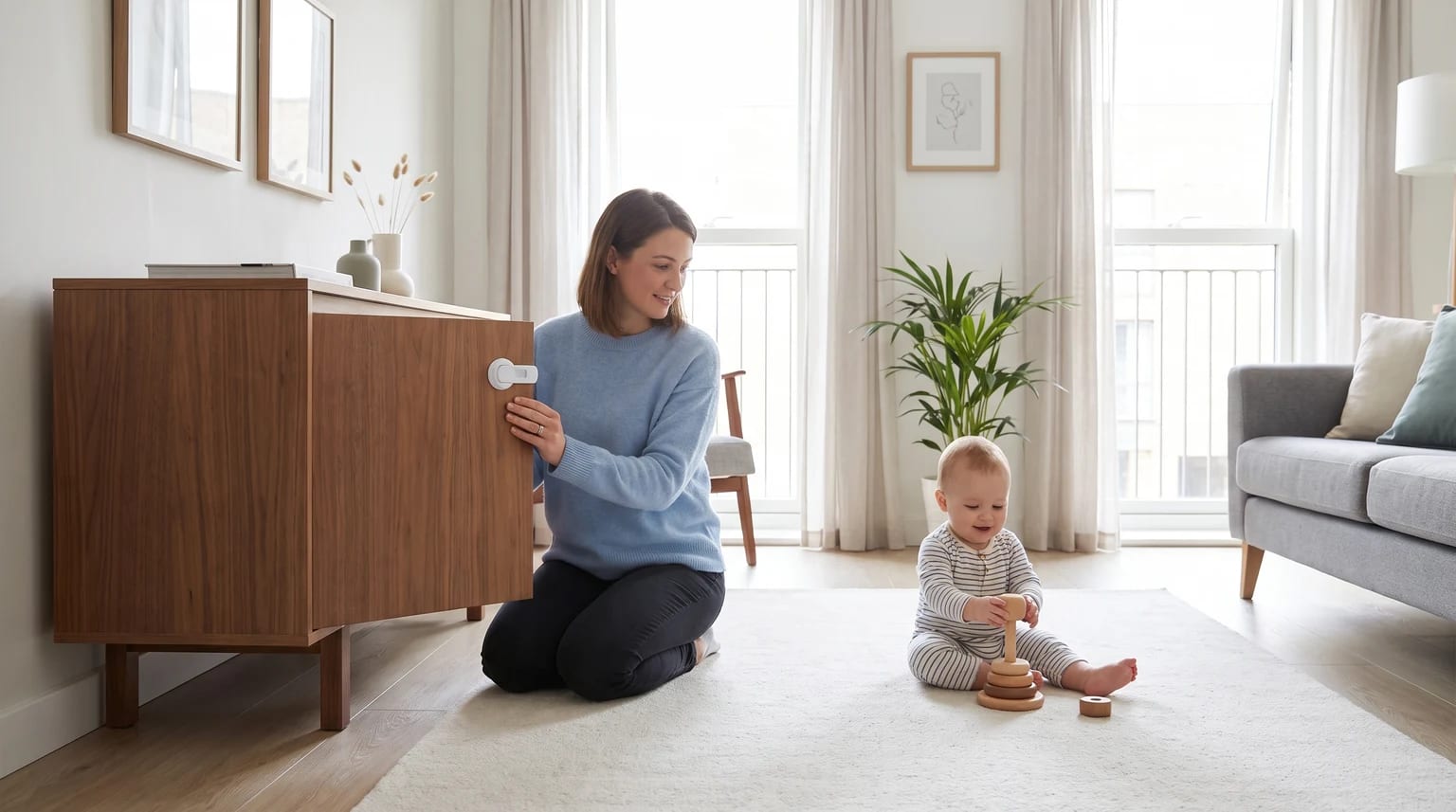 Parent checking low cupboards while a baby plays safely nearby.