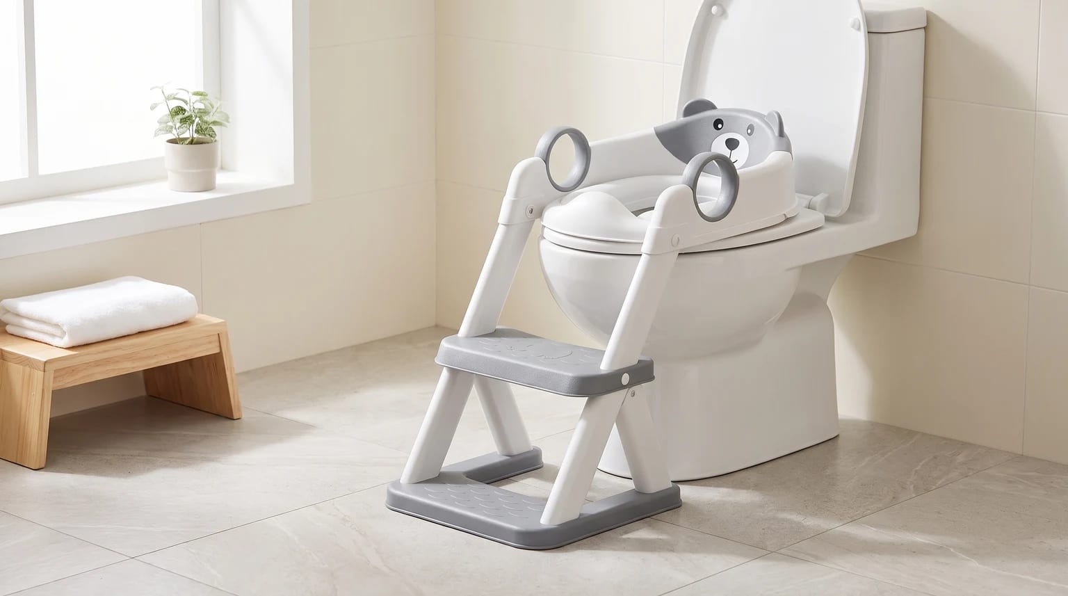 A child's potty training seat with integrated steps and a grey bear design, set up on a toilet in a brightly lit bathroom.
