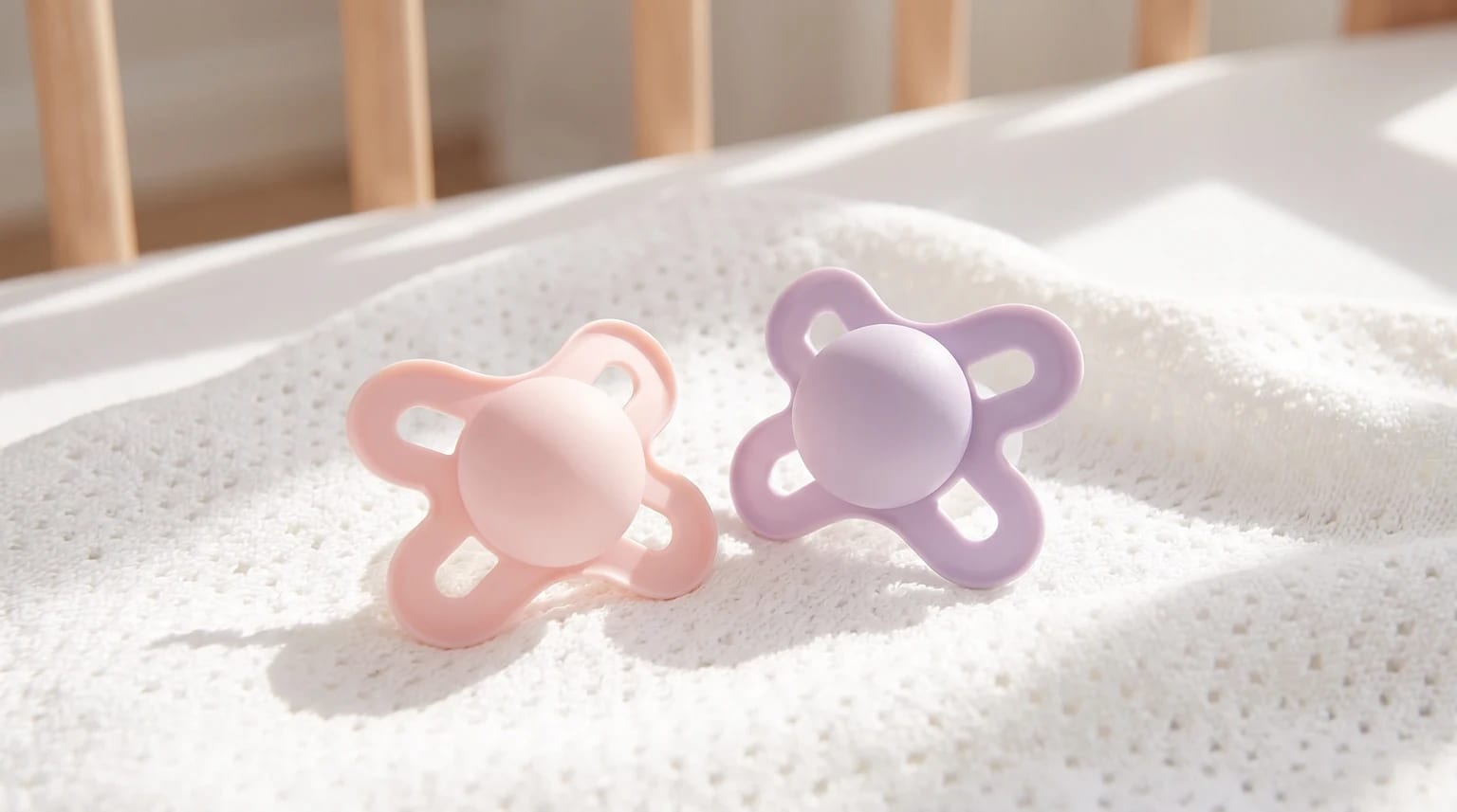 A pastel pink and a lilac newborn dummy rest on a soft white knitted blanket in a bright nursery.