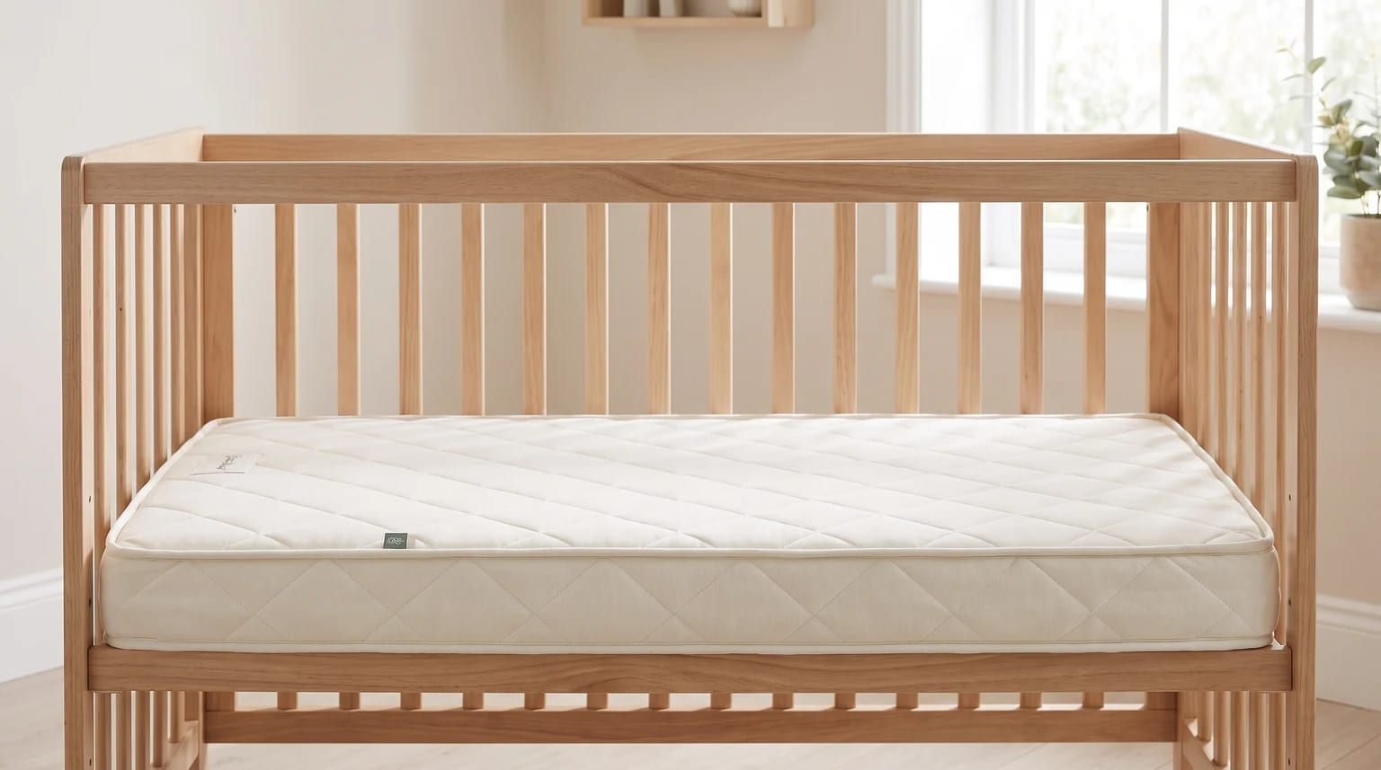 A natural cream-coloured cot mattress with a diamond-quilted pattern, sitting snugly in a light wood cot frame.