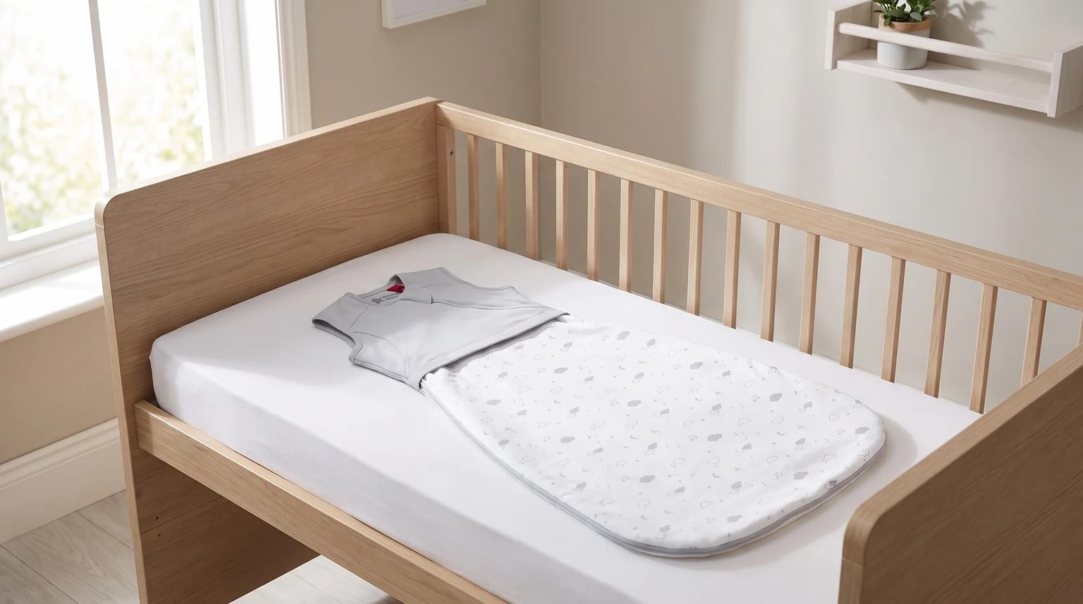 A grey and white baby sleeping bag with a cloud and moon pattern, laid flat inside a light wood cot.