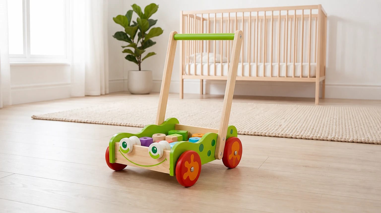A frog-themed wooden baby walker filled with colourful blocks standing on a wooden floor in a bright nursery.