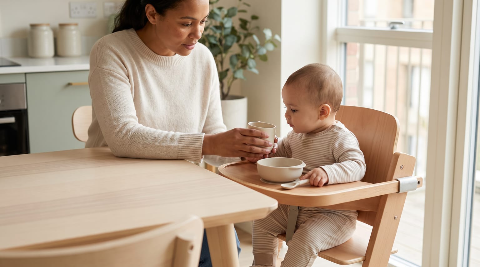 A parent helps a baby sitting in a wooden high chair to hold a small cup at a dining table.