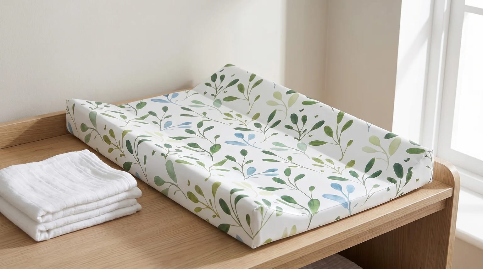 A changing mat with a watercolour-style pattern of green and blue leaves, placed on a wooden changing unit next to a stack of white muslins.