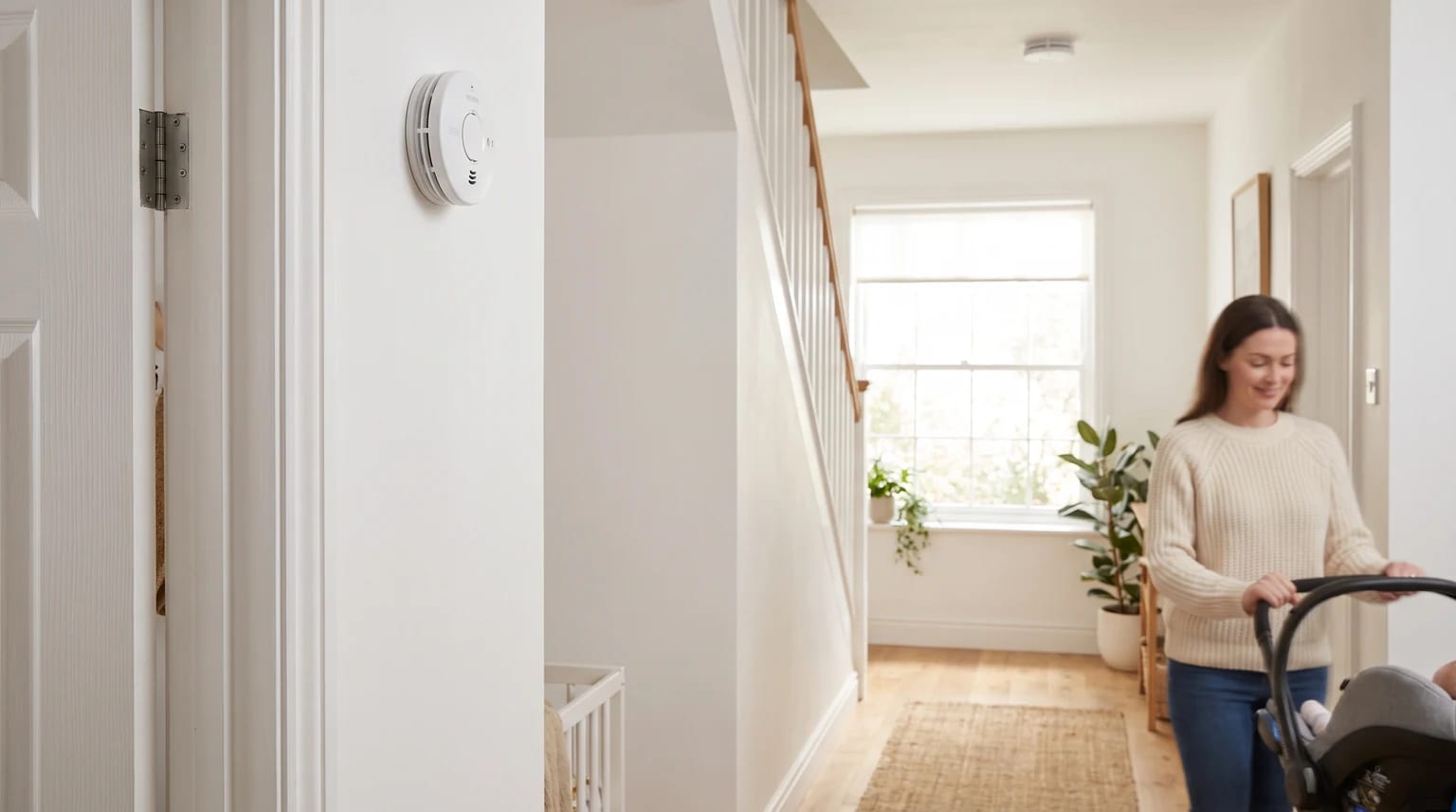 A woman wheels a baby carrier through a bright home hallway, with a white combined smoke and carbon monoxide alarm fitted on the wall.
