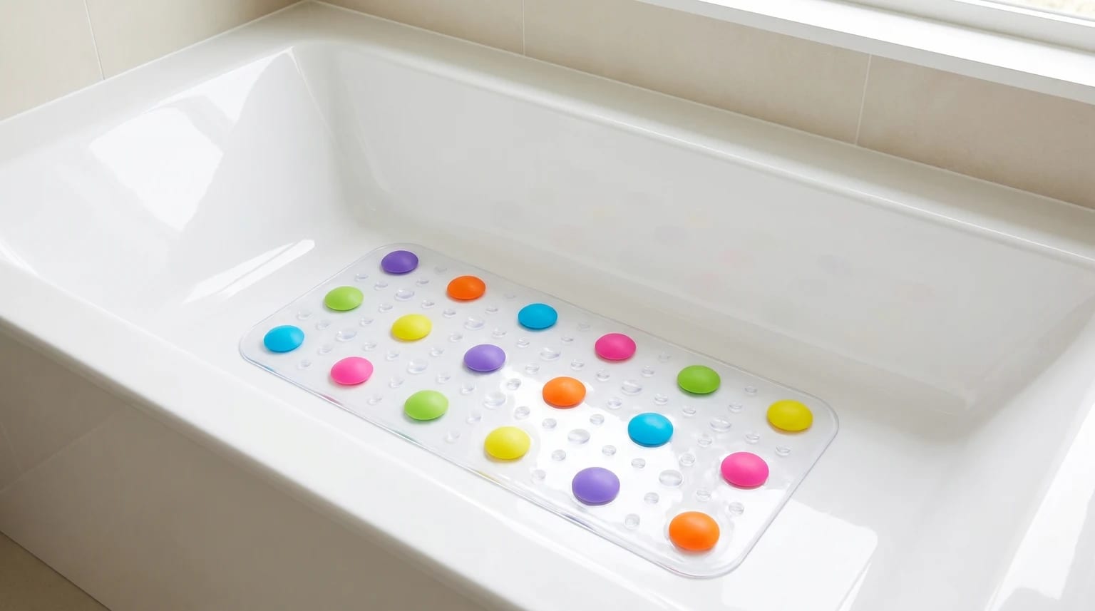 A clear anti-slip bath mat with raised, colourful dots sits inside a white bath.