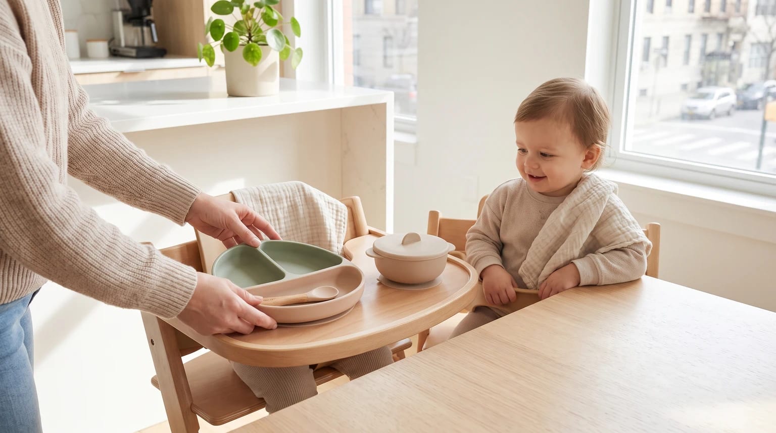 A smiling baby in a wooden high chair watches as a parent places a divided plate and bowl onto the tray at a dining table.