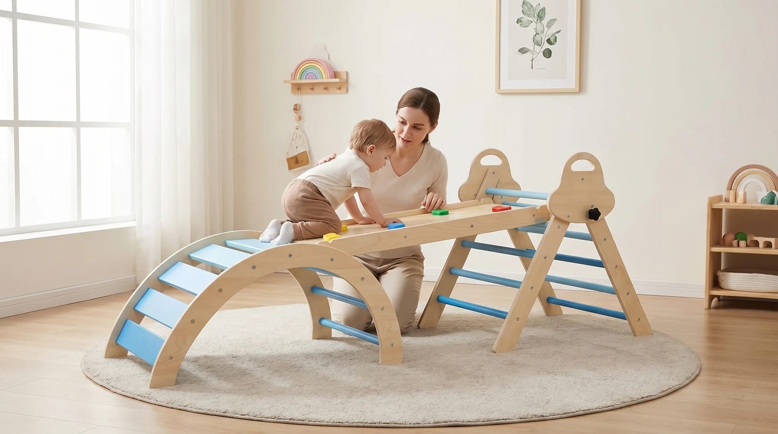 A mother helps her toddler crawl up the ramp of a wooden Pikler triangle climbing frame in a bright, modern playroom.