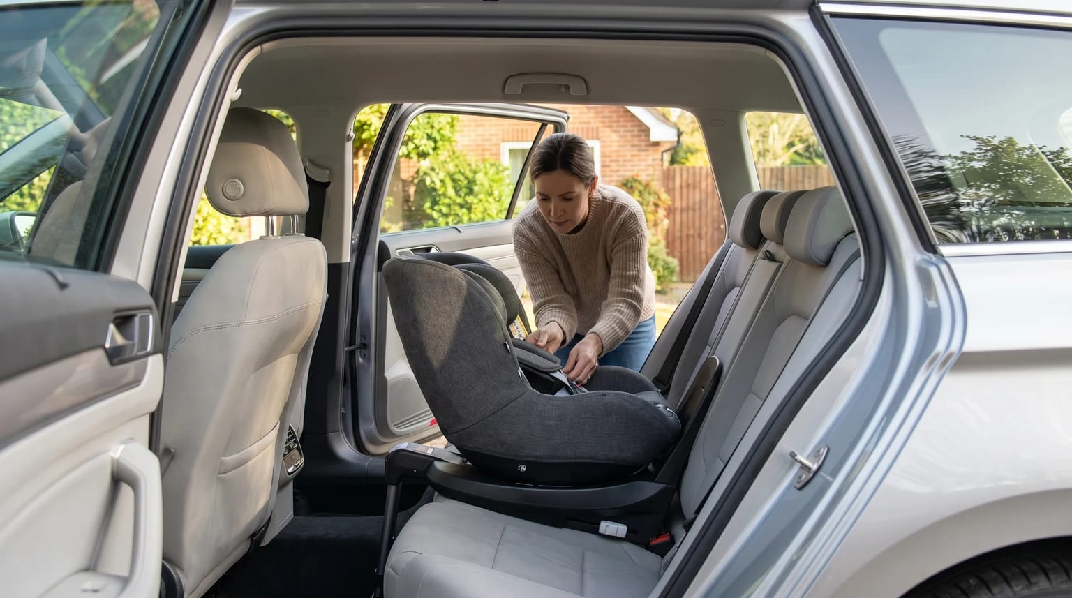 A woman checks the harness of an empty rear-facing baby car seat in the back of a parked car.