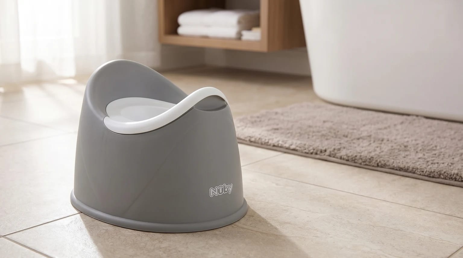 A grey Nuby potty with a white seat sits on a tiled floor in a brightly lit bathroom, next to a bath mat.