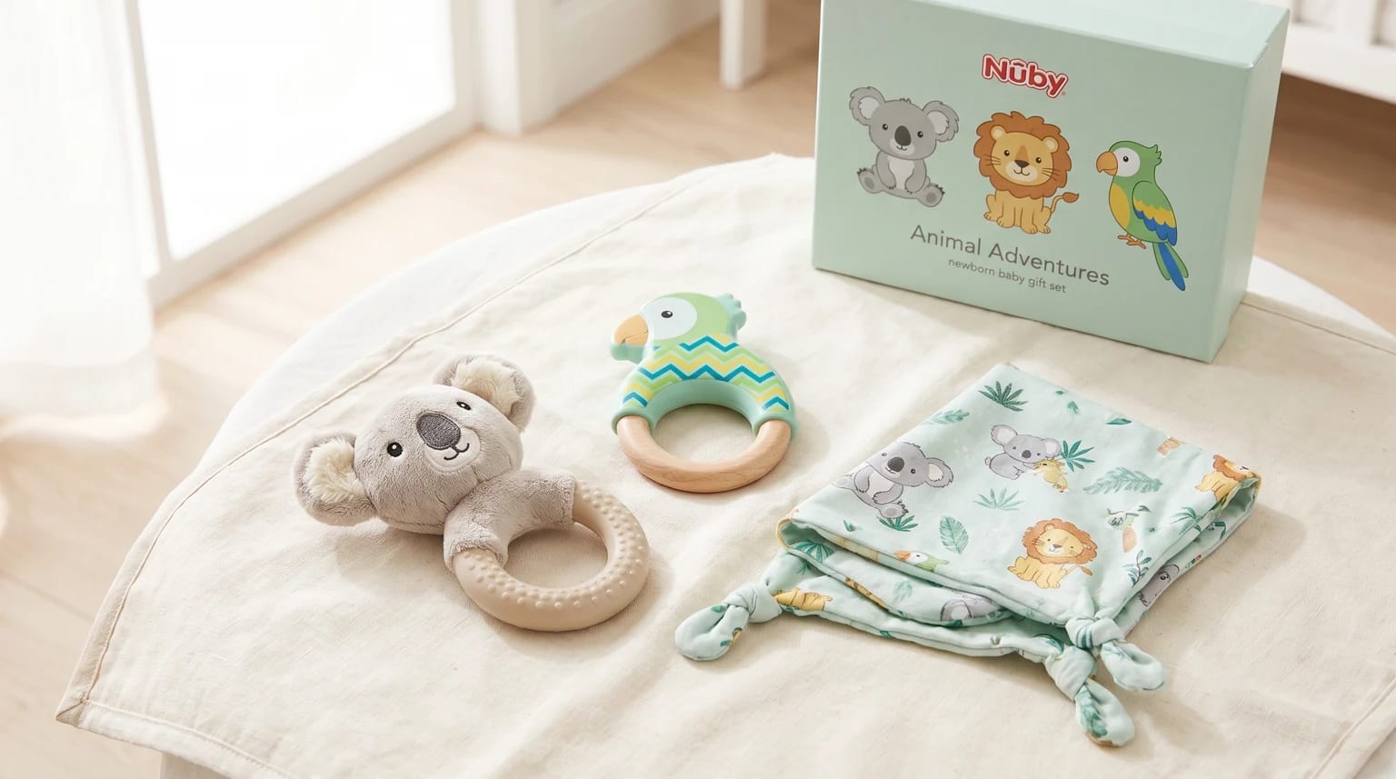 A baby gift set with a koala teething toy, a parrot teether, and a soft animal-print comforter displayed next to its presentation box.