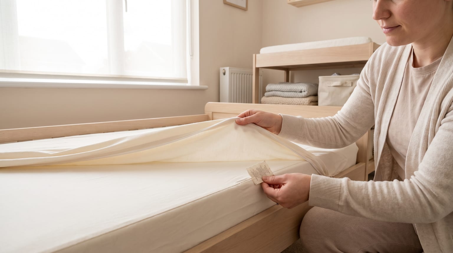 Parent checking the care label and seam of a removable cot mattress cover.