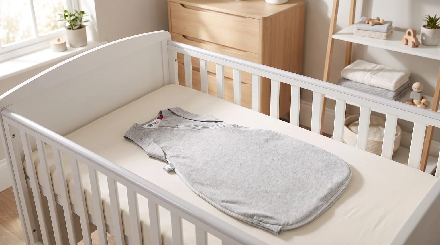 A grey Tommee Tippee newborn swaddle bag laid out neatly on the mattress of a clear white cot in a modern nursery.