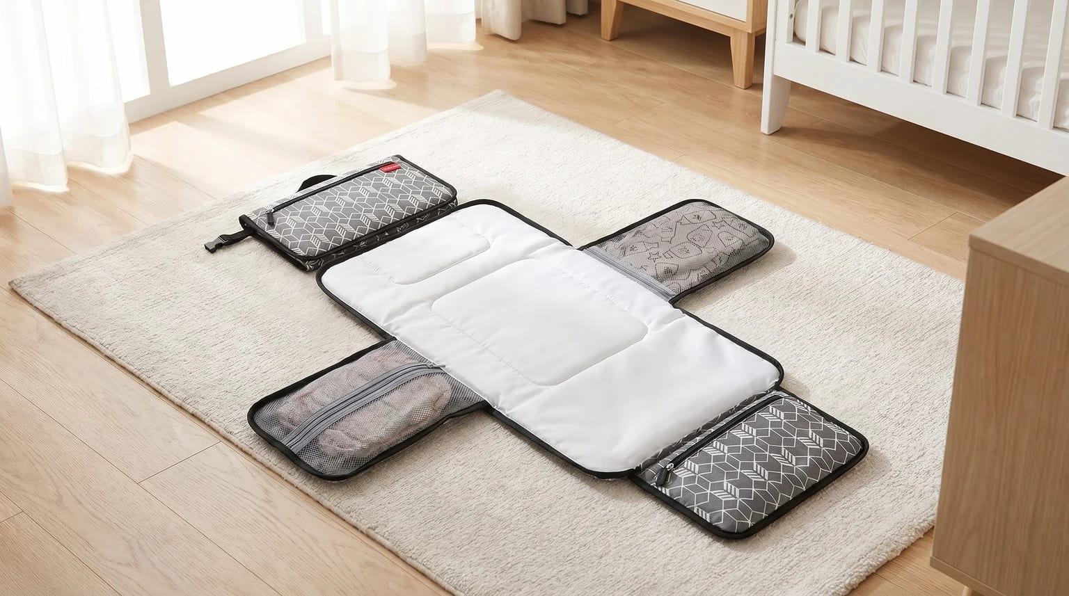 A portable nappy changing wallet with a grey geometric pattern, laid open on a nursery rug to show the white padded mat and storage pockets.
