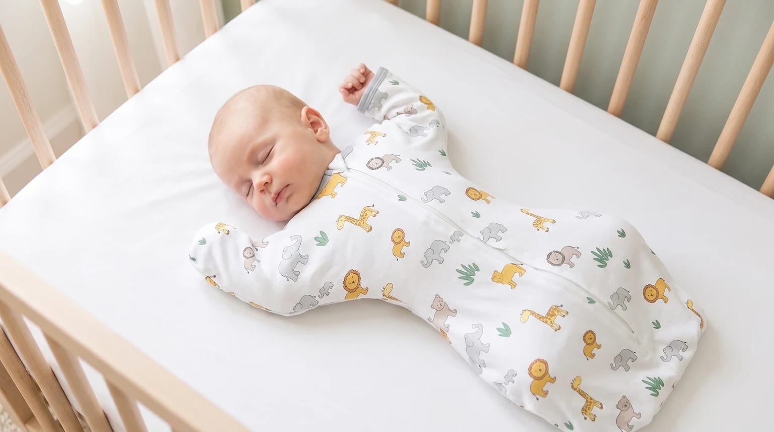 A newborn baby lying on their back in a clear wooden cot, wearing a white Amazing Baby arms-up swaddle with a safari animal print.