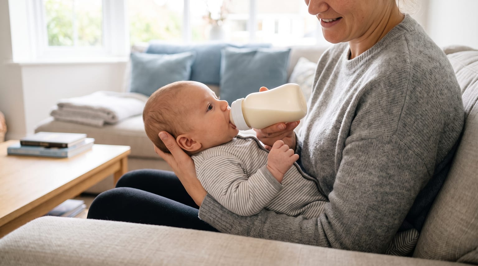 A carer holds a baby securely in a semi-upright position during a milk feed.