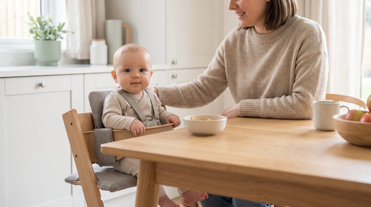 Parent beside an alert baby sitting upright in a high chair with soft food at the family table.