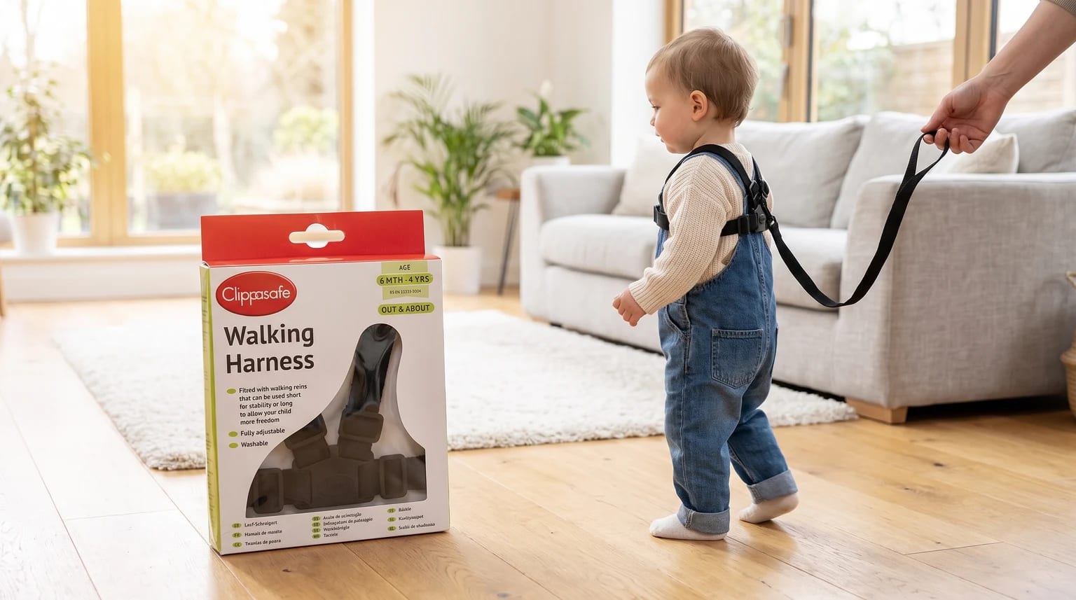 A toddler in dungarees wears a black walking harness, with the reins held by an adult in a sunny living room. The product box is visible on the floor.