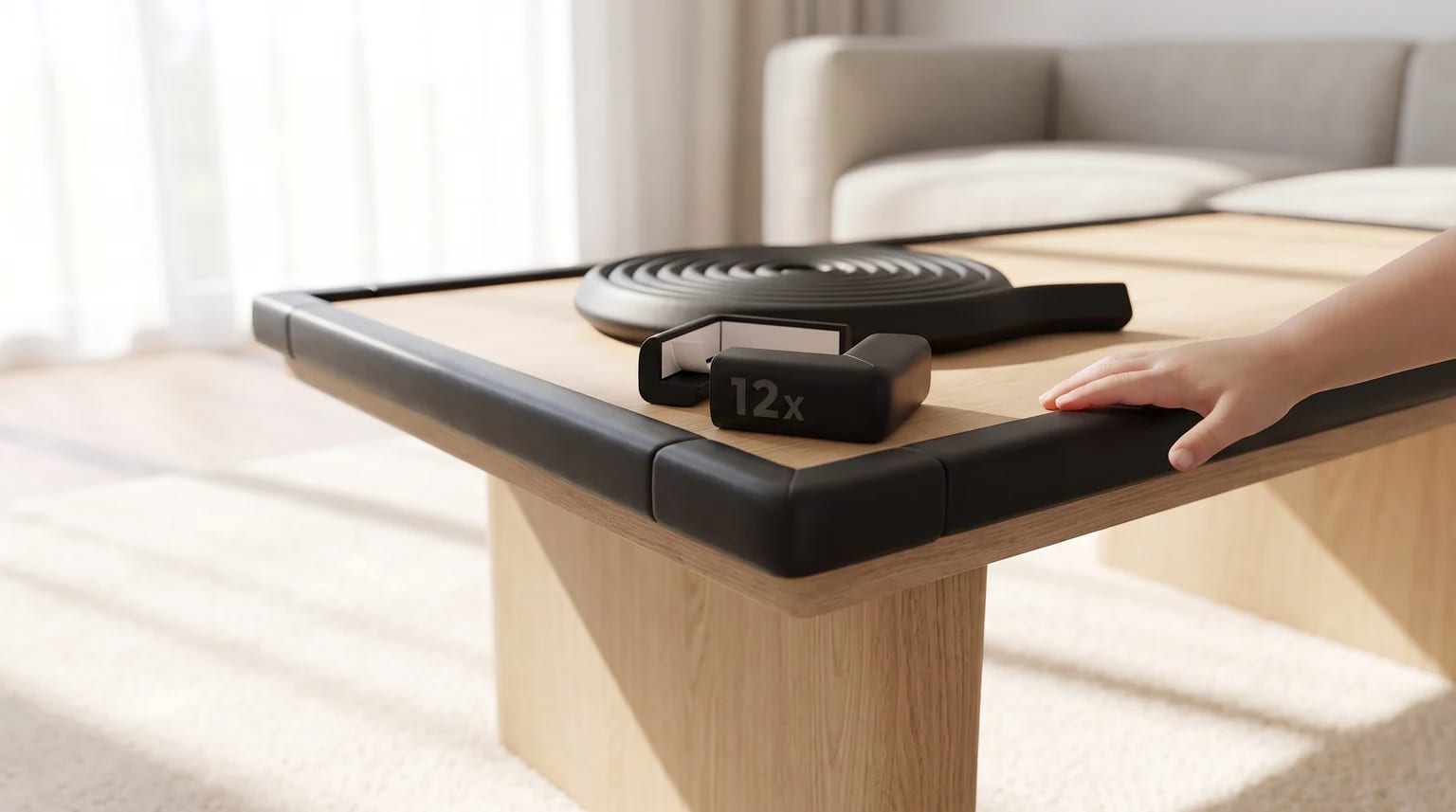 A black foam edge and corner protector kit fitted to a wooden coffee table, with a child's hand nearby.