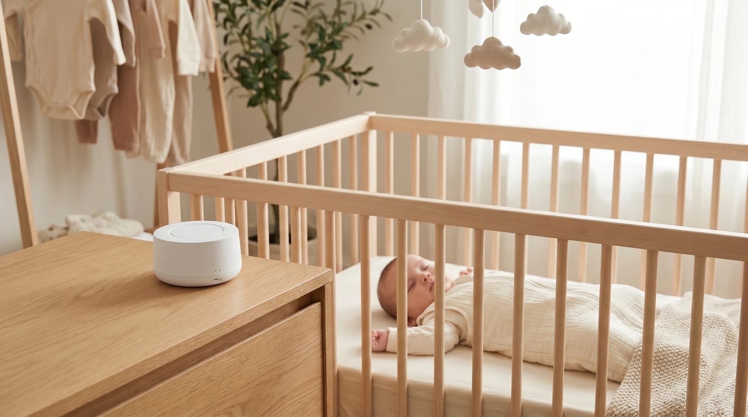 A white sound machine rests on a wooden dresser beside a cot where a baby is sleeping peacefully.