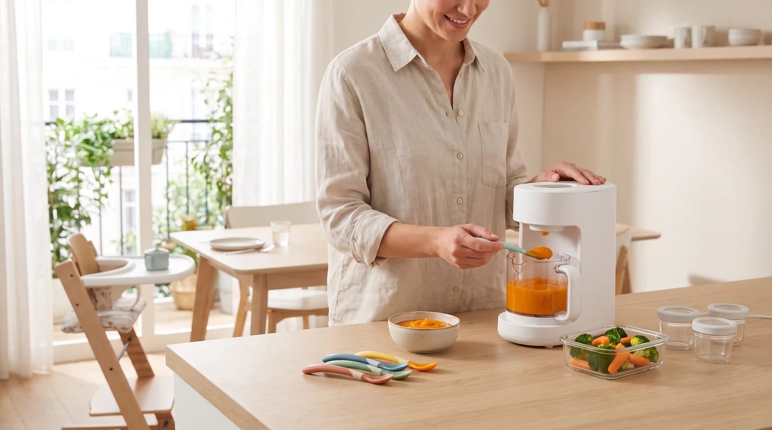 A person prepares a homemade orange puree using a baby food maker in a bright kitchen. On the worktop are weaning spoons and a container of steamed vegetables.