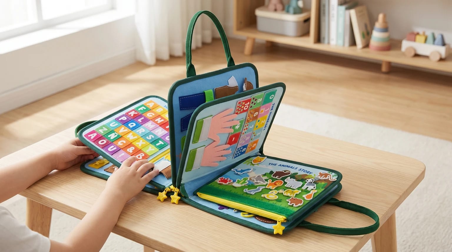 A child plays with a large, green felt busy board open on a wooden table, revealing colourful pages with alphabet, number, and animal activities.