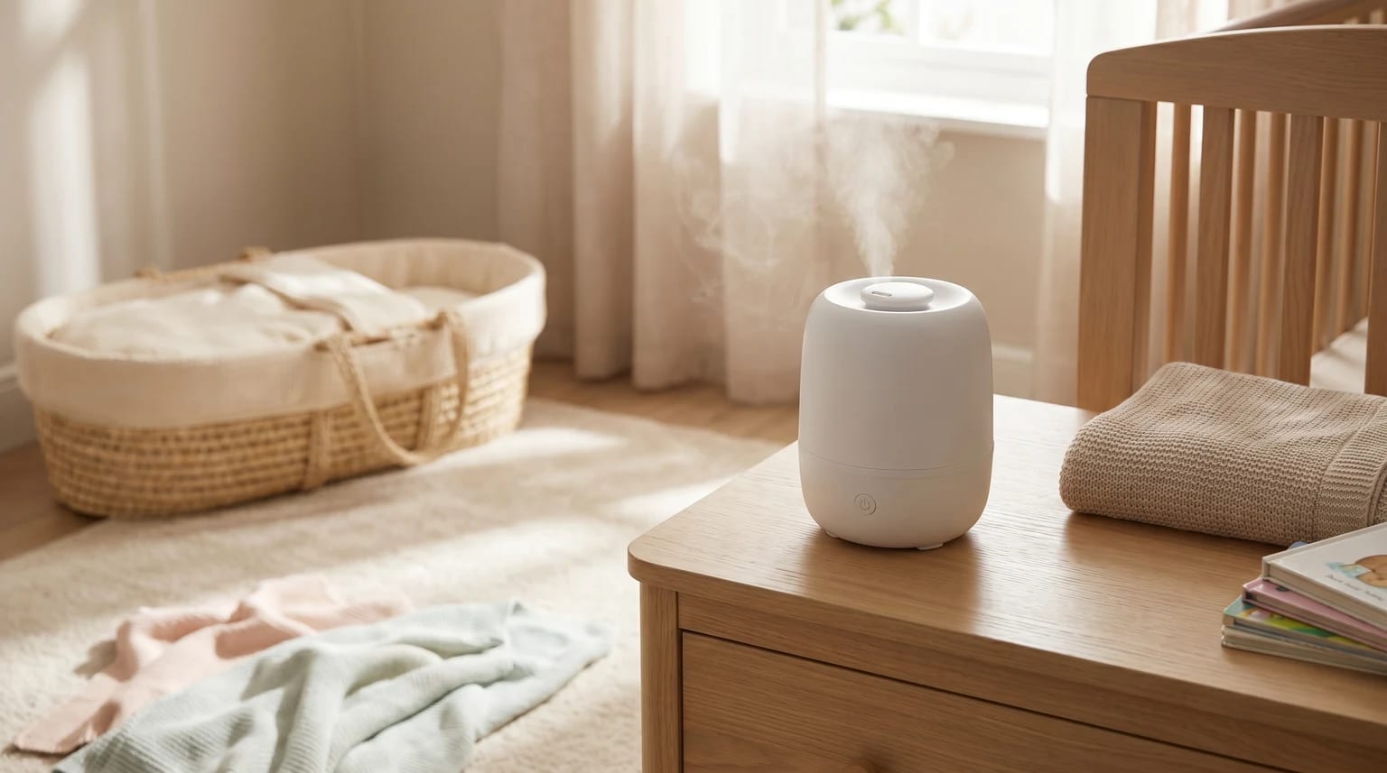 A small white humidifier sits on a wooden dresser in a nursery, emitting a fine mist. A cot and Moses basket are visible in the background.