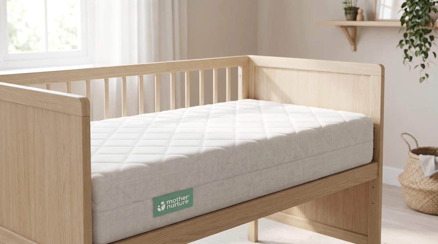 A thick, white quilted cot bed mattress with a Mother Nurture brand tag, placed inside a light oak cot.
