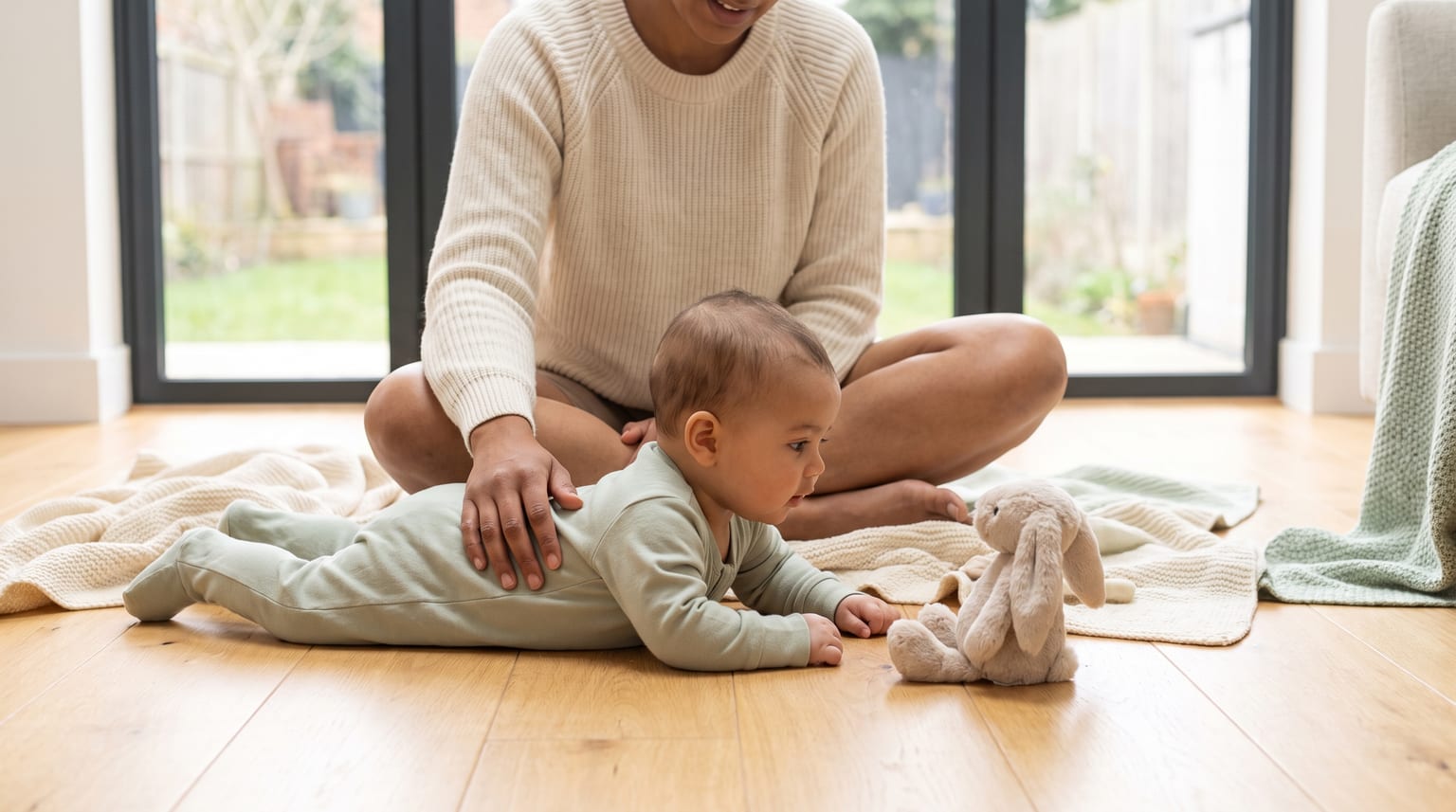 Parent supervising an alert baby during floor play in a bright living room.