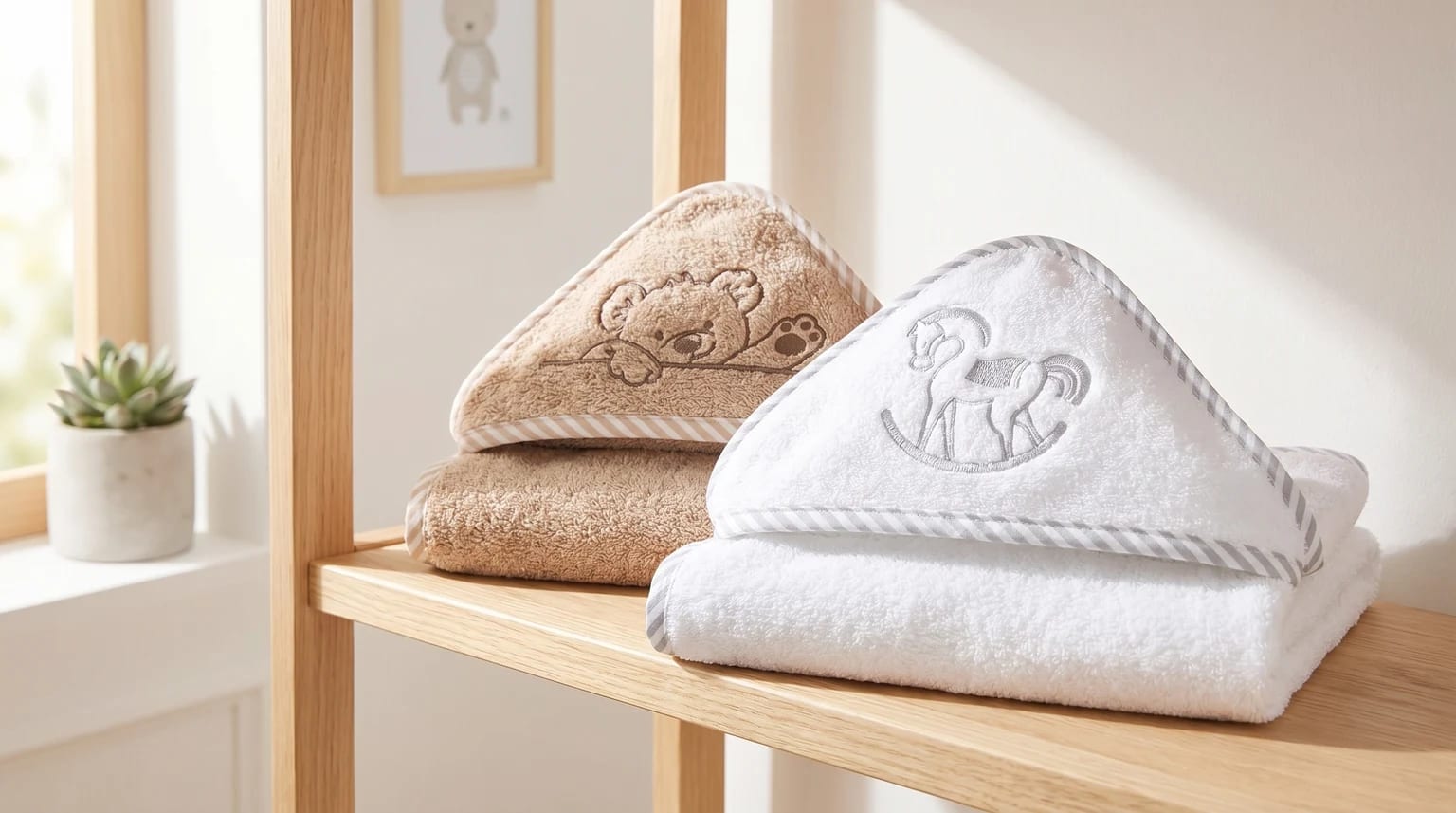 Two hooded baby towels, one beige with an embroidered teddy bear and one white with a rocking horse, folded neatly on a wooden shelf.