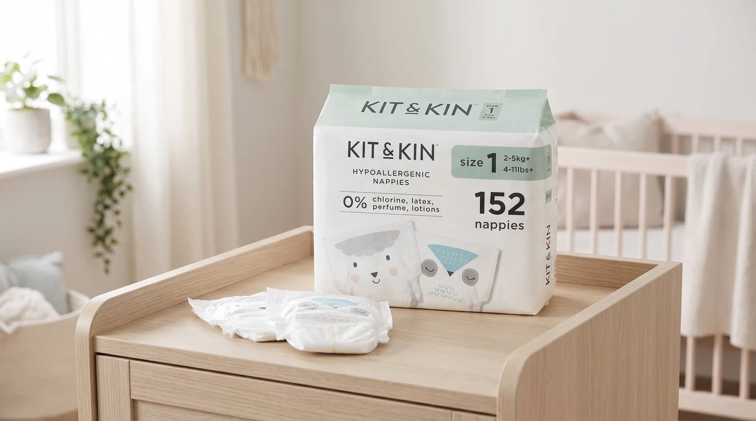 A large pack of Kit & Kin hypoallergenic nappies on a wooden changing table in a light and airy nursery, with a cot in the background.