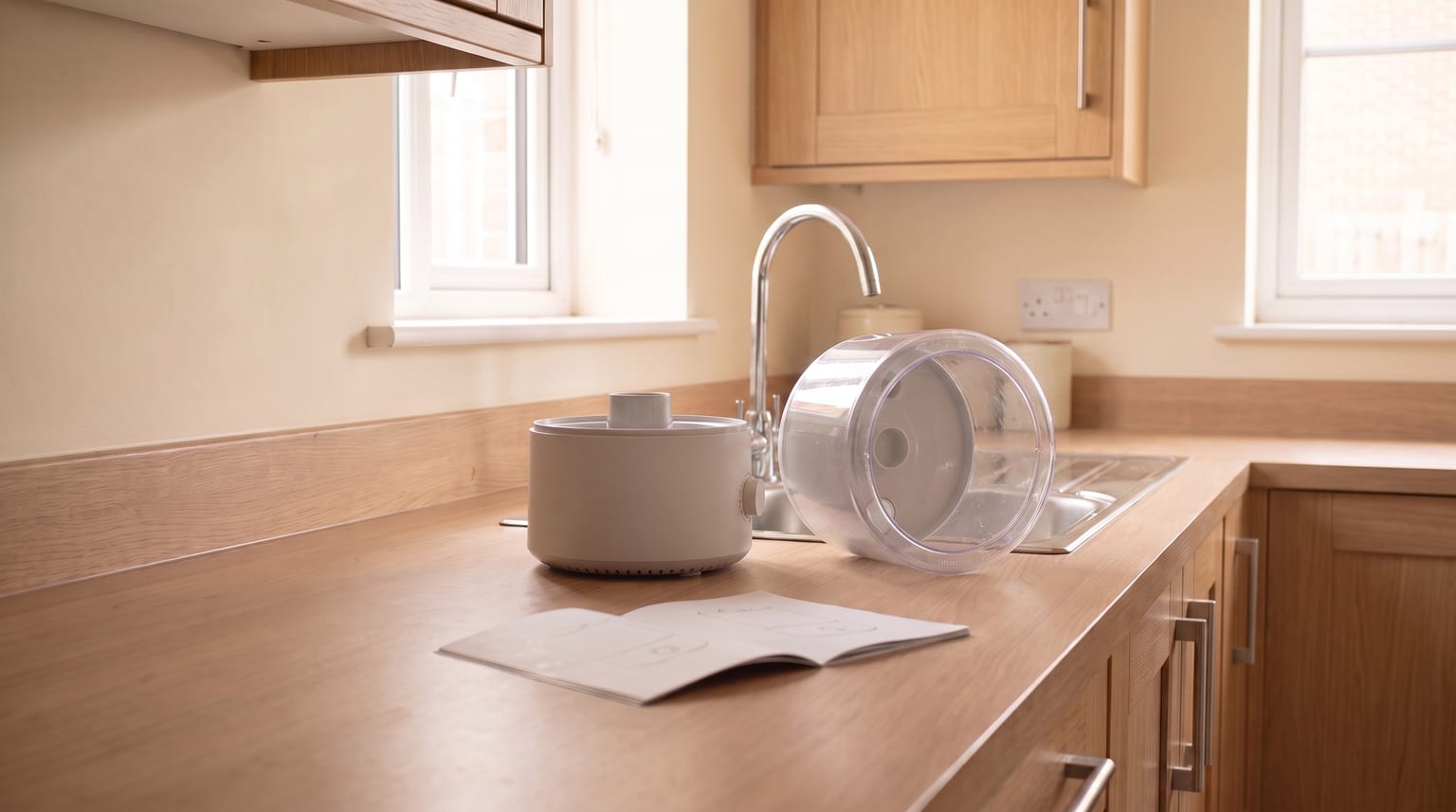 An empty portable humidifier tank rests on its side beside the base near a kitchen sink.