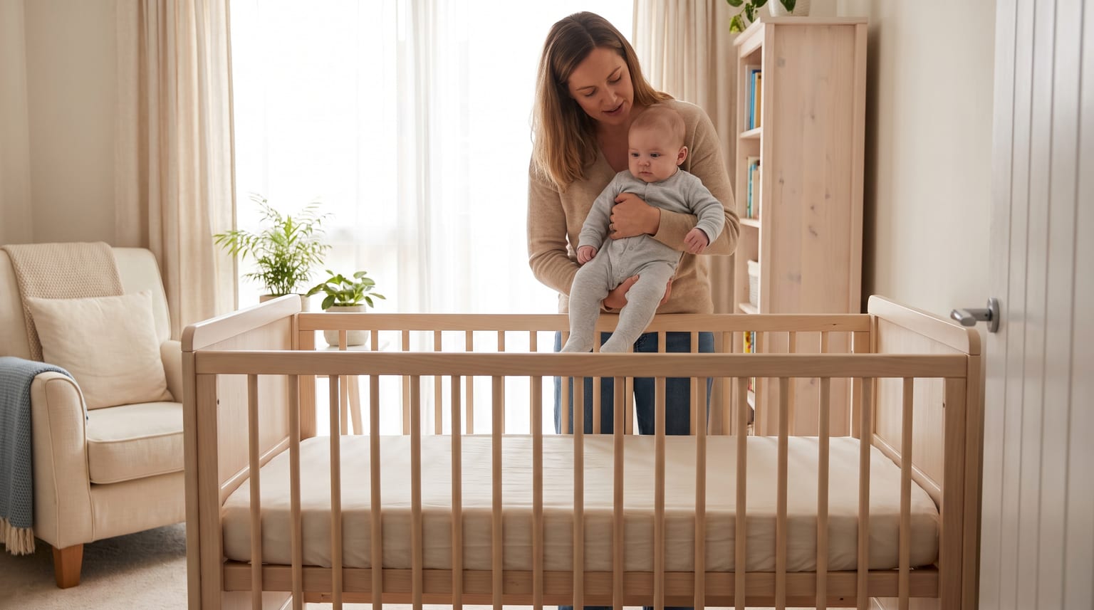 A parent holds an awake baby above an empty four-sided wooden cot in a bright nursery.