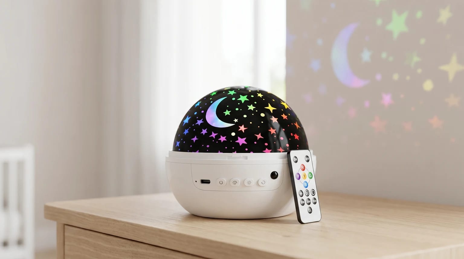 A dome-shaped night light projector on a wooden tabletop, casting colourful stars and a moon onto the wall. A remote control leans against its base.