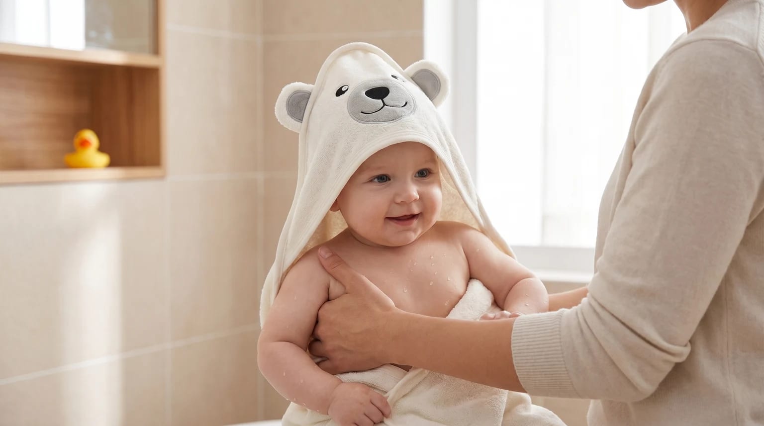 A smiling baby being wrapped in a white hooded towel with a cute bear face on the hood by an adult.