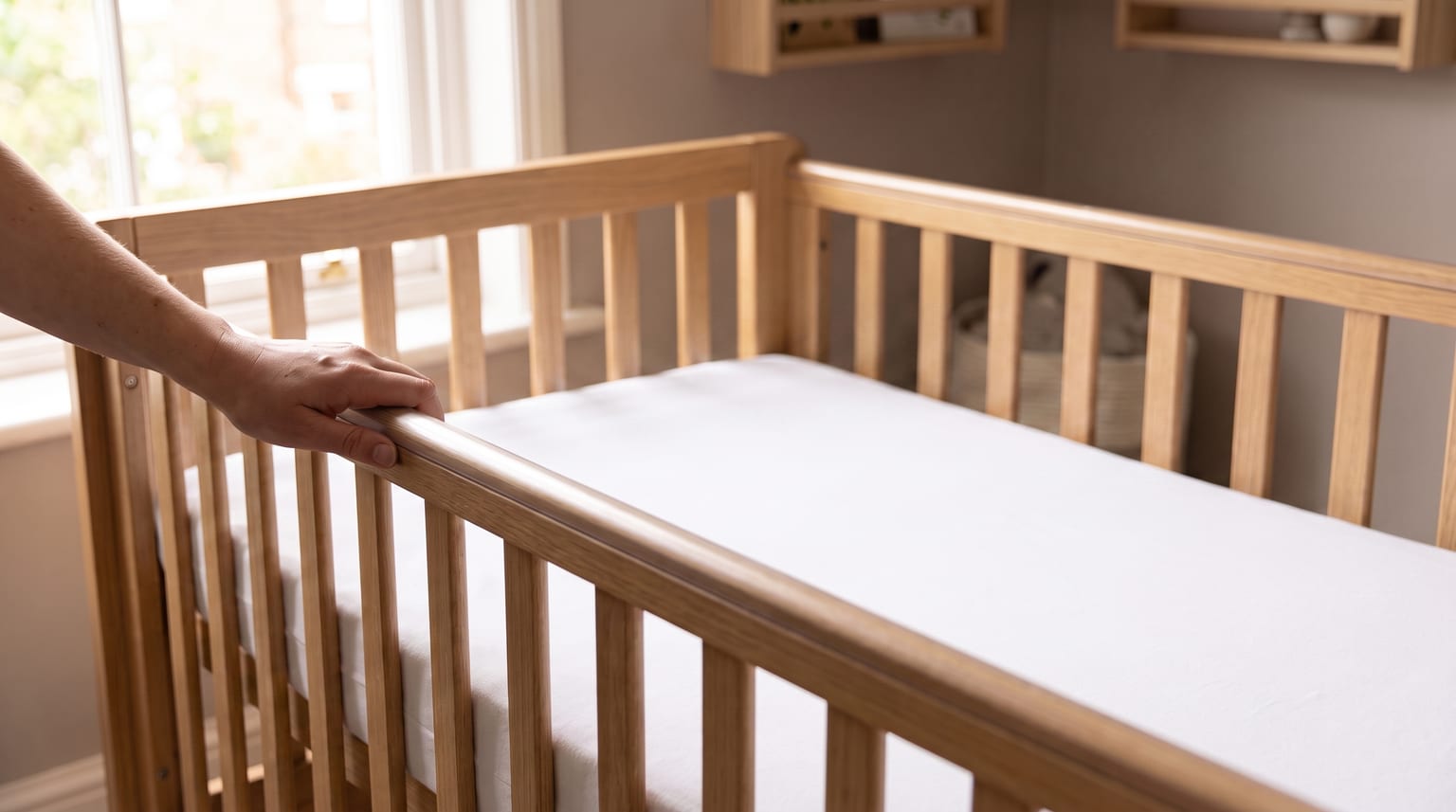 Close view of a flat cot mattress sitting low and snug inside a wooden cot.
