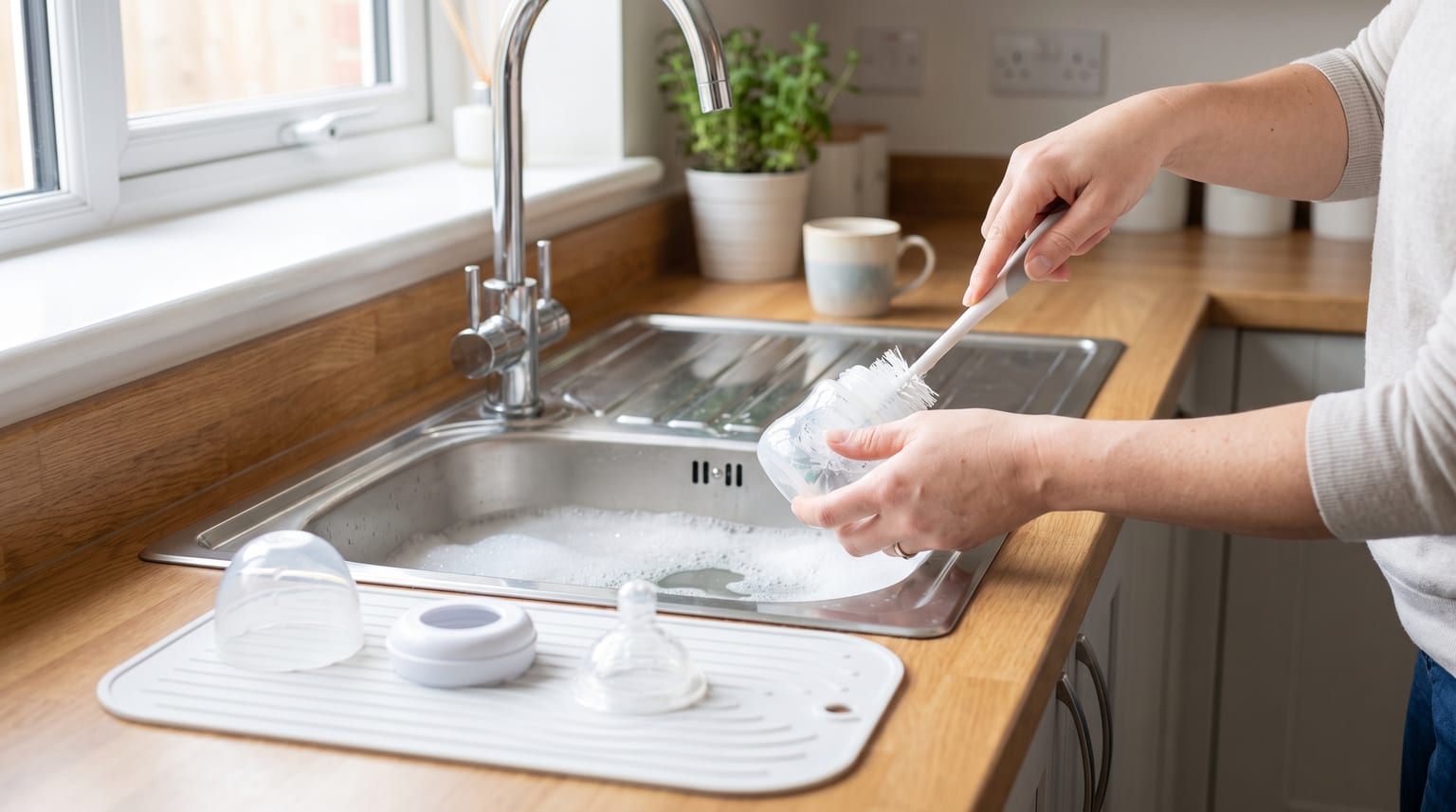 A carer washes a disassembled baby bottle with a bottle brush at a kitchen sink.