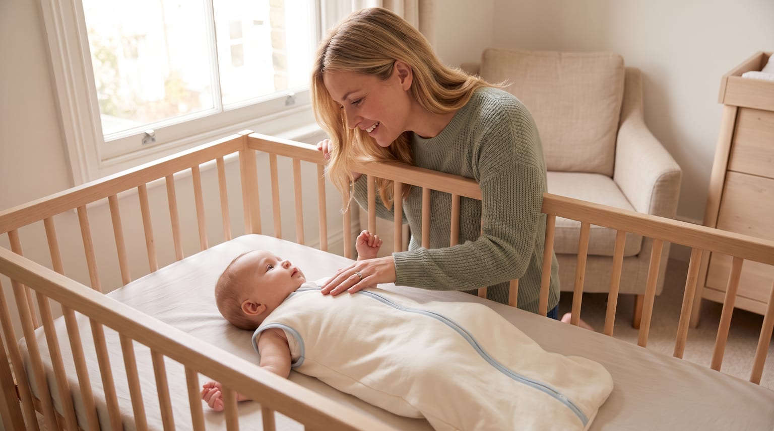 A mother in a green jumper smiles down at her baby, who is lying on their back in a wooden cot and wearing a cream sleeping bag.