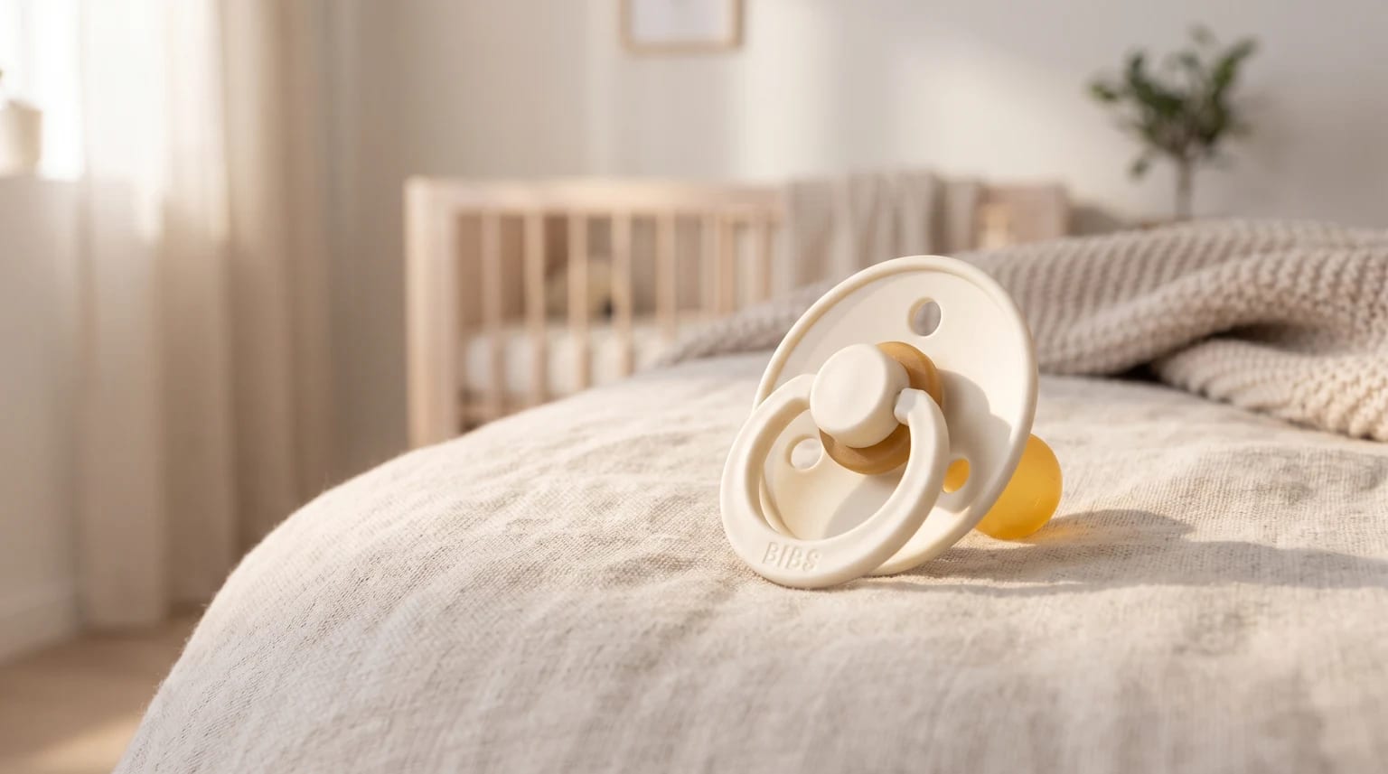 A cream-coloured BIBS dummy rests on soft linen fabric in a softly lit nursery, with a wooden cot in the background.