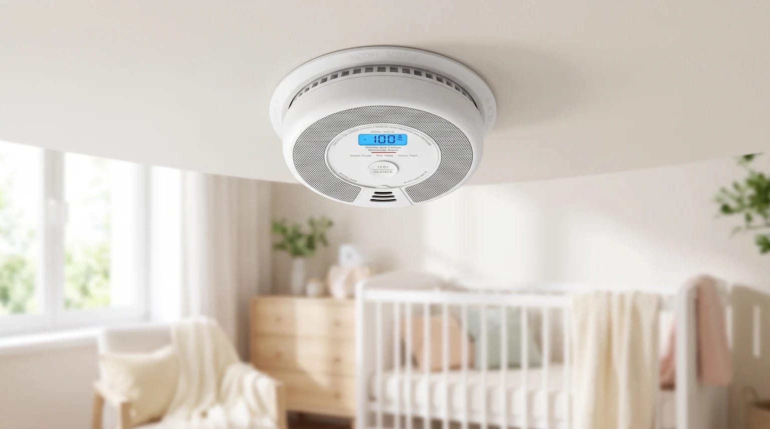 A white, digital smoke and carbon monoxide alarm mounted on a ceiling, with a softly focused nursery and cot visible in the background.