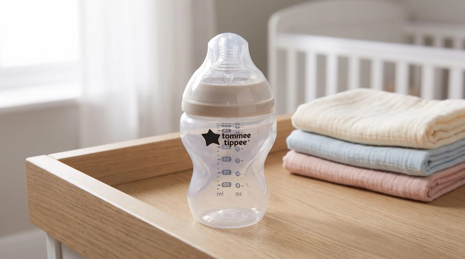 A Tommee Tippee baby bottle sitting on a wooden changing table next to a stack of folded muslin cloths, with a cot in the background.