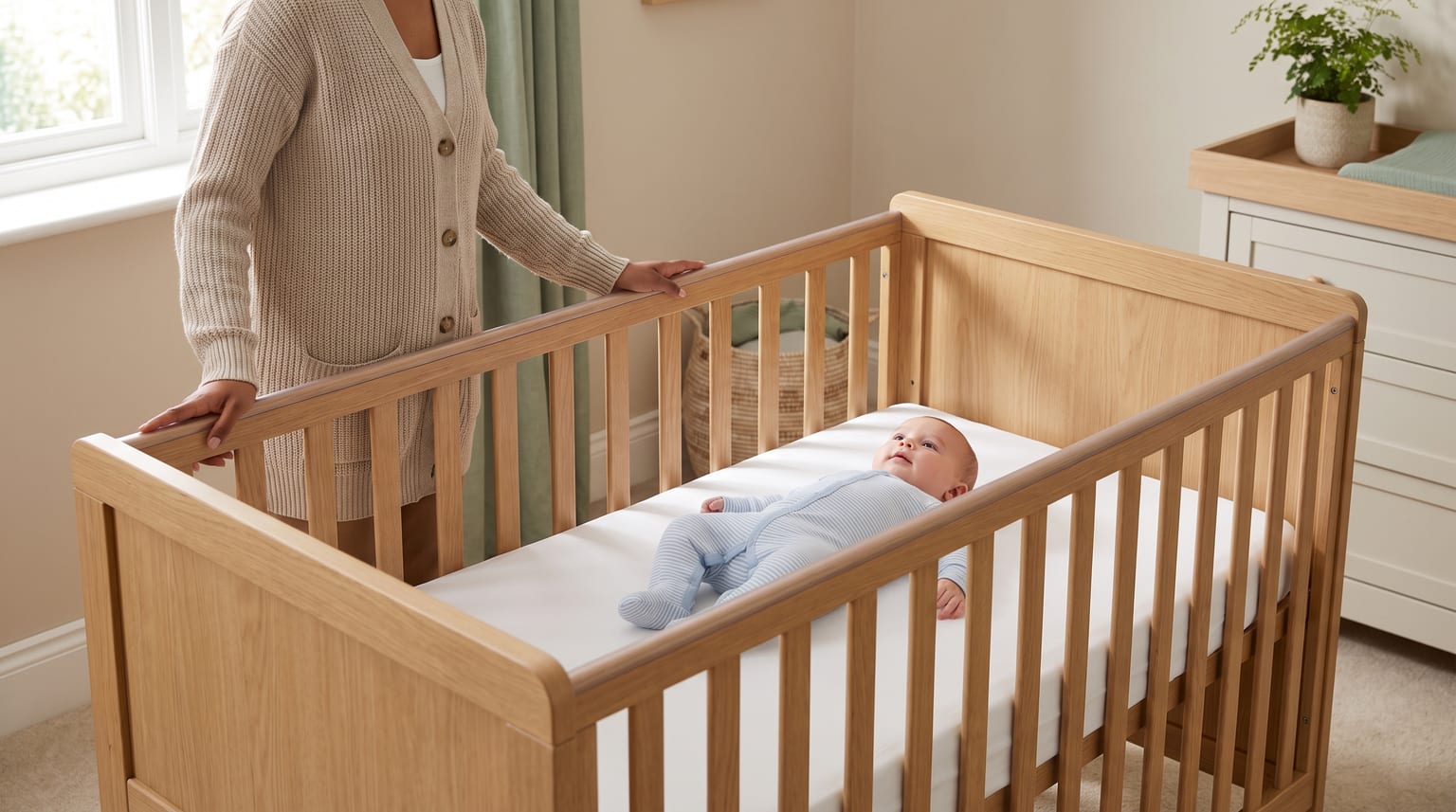 Baby lying on their back on a firm, flat mattress clear of loose bedding in a complete four-sided wooden cot, with a caregiver beside the cot.