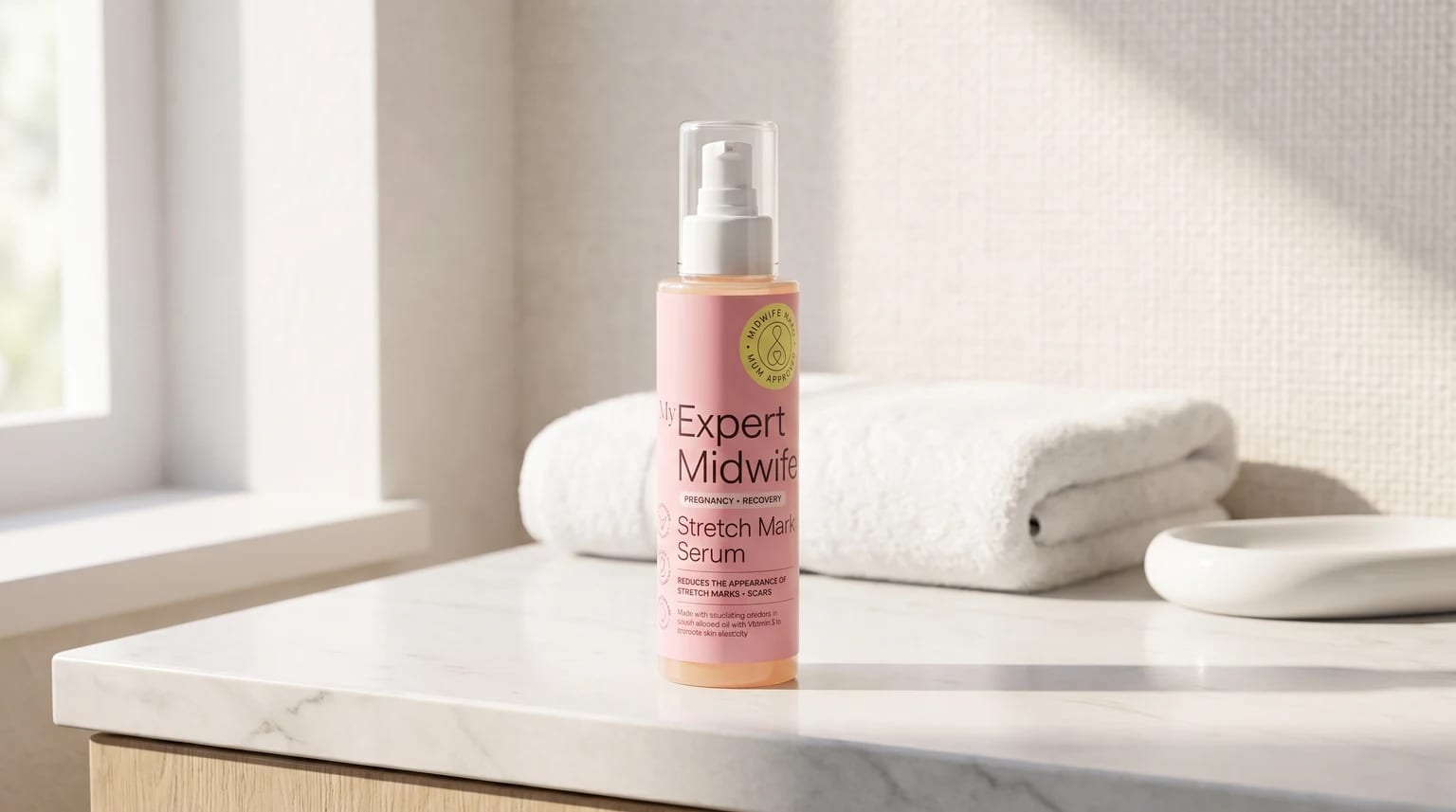 A bottle of My Expert Midwife stretch mark serum on a bright, sunlit marble bathroom counter next to a folded white towel.